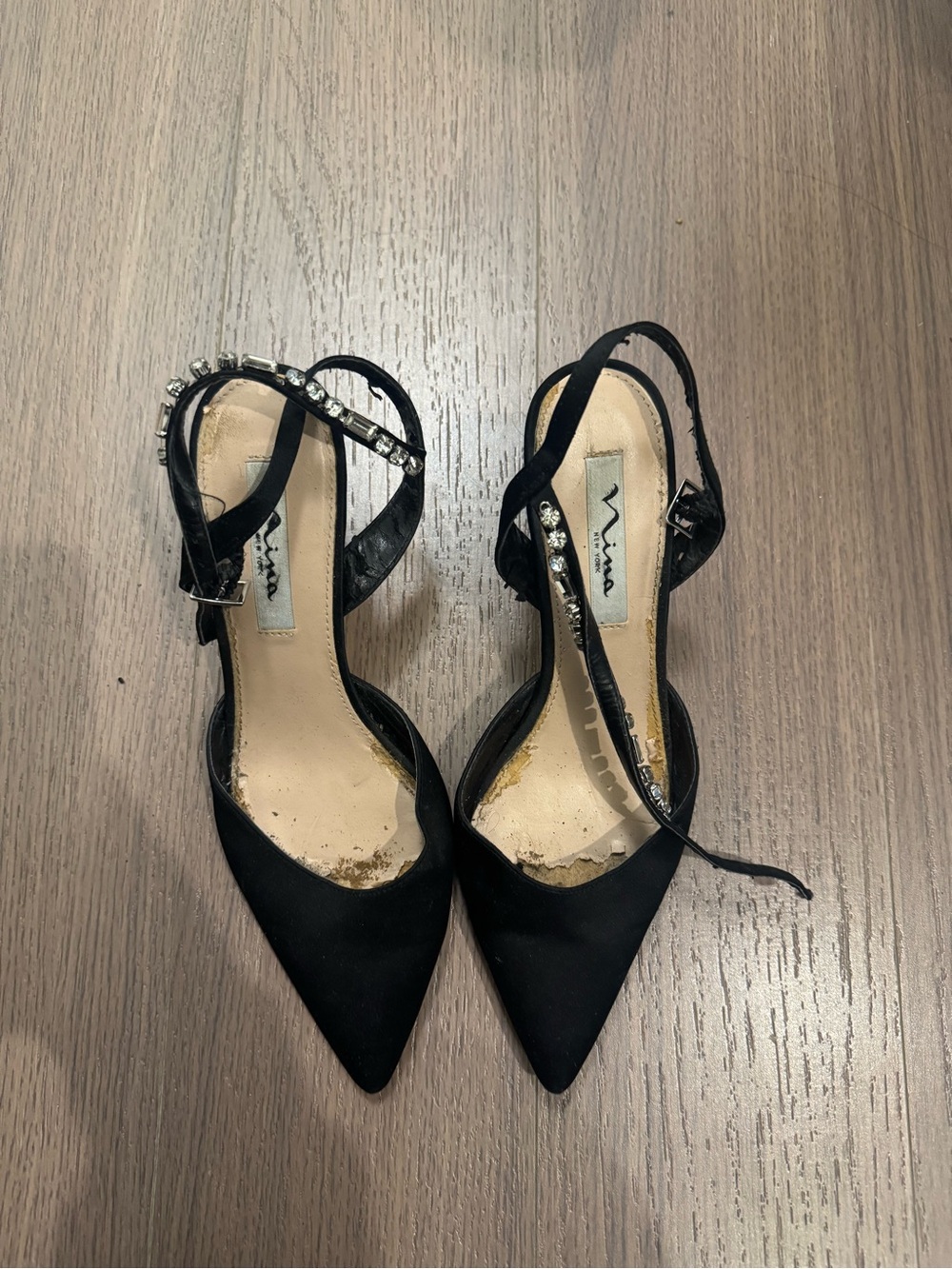 Nina Black Pointed Toe Slingback Pumps with Jeweled Straps